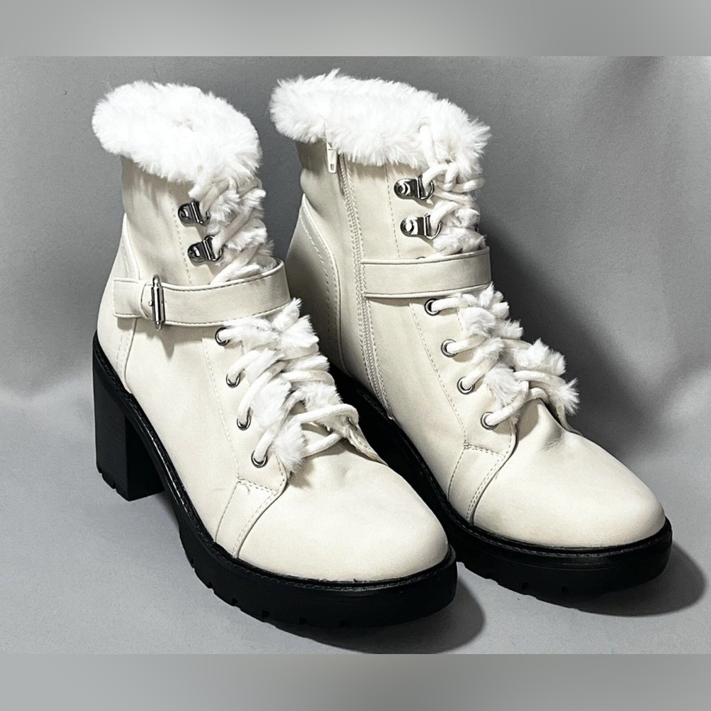 Espirit Sz. 8.5 M Leather Blend Chunky Zip Lace Up Boots Faux Fur Trim